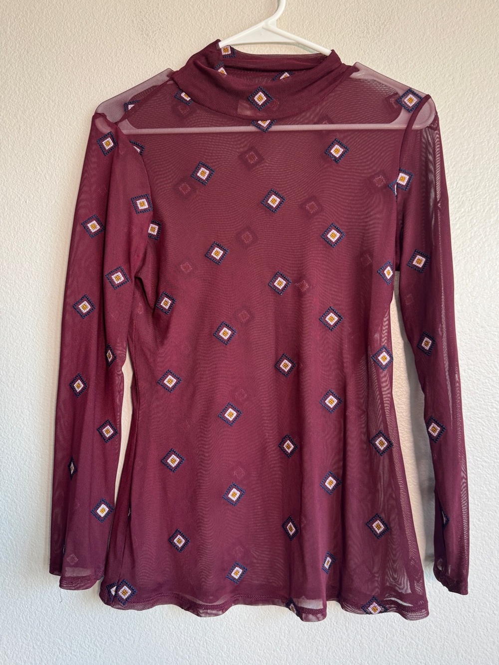 Cinq à Sept Geometric Mesh Long Sleeve Top in Burgundy - L